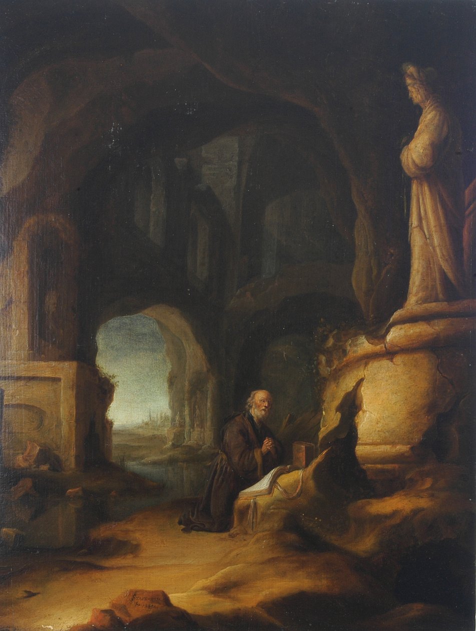 隐士在古典遗迹的洞穴中祈祷 作者 扬·阿德里安斯·范·斯塔弗伦（Jan Adriansz van Staveren）