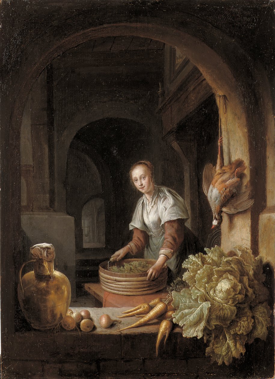 在厨房里准备蔬菜的女佣 作者 扬·阿德里安斯·范·斯塔弗伦（Jan Adriansz van Staveren）