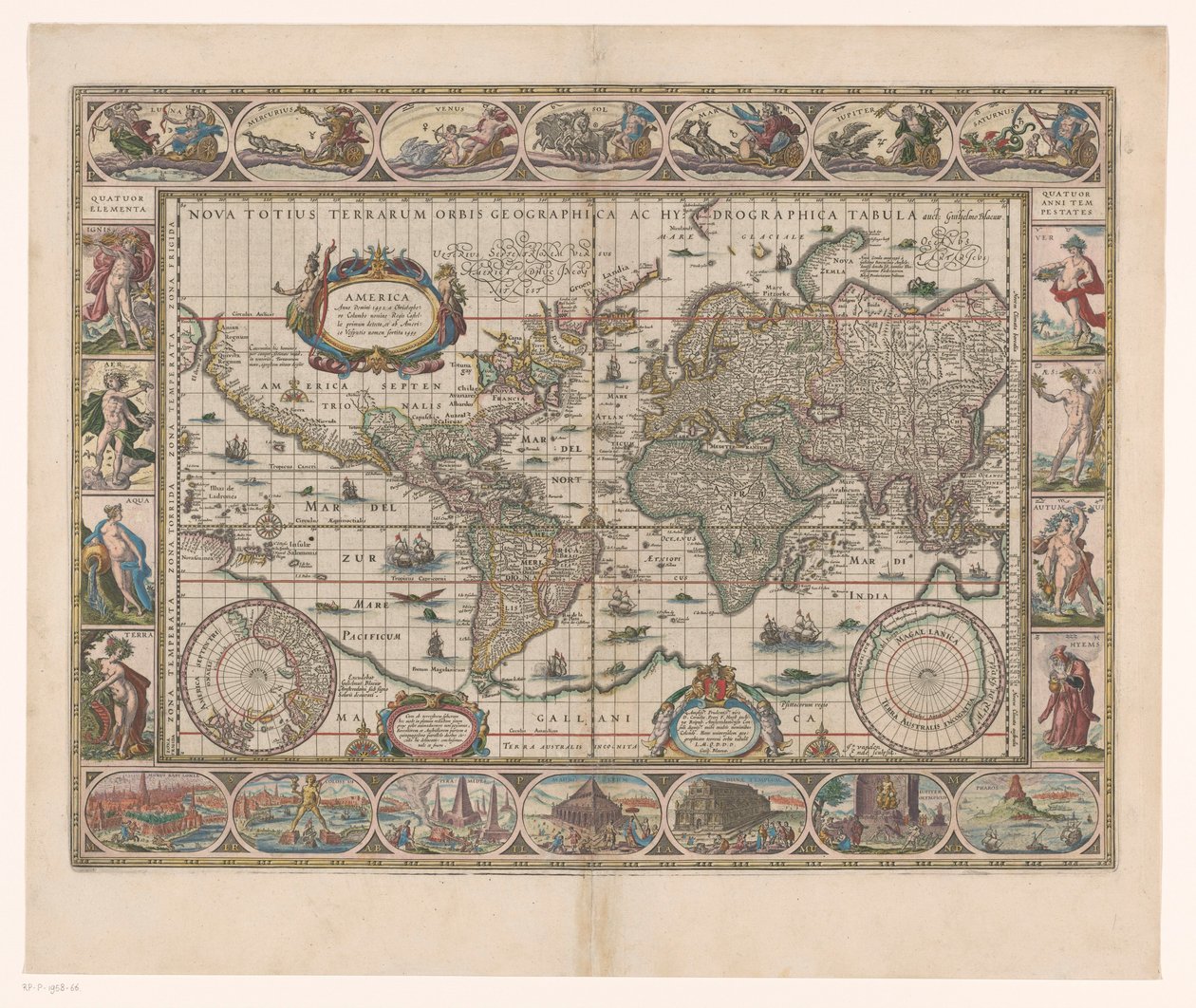 带装饰边框的世界地图
Nova totius terrarum orbis geographica ac hydrographica tabula 作者 扬·阿尔茨·范登恩德