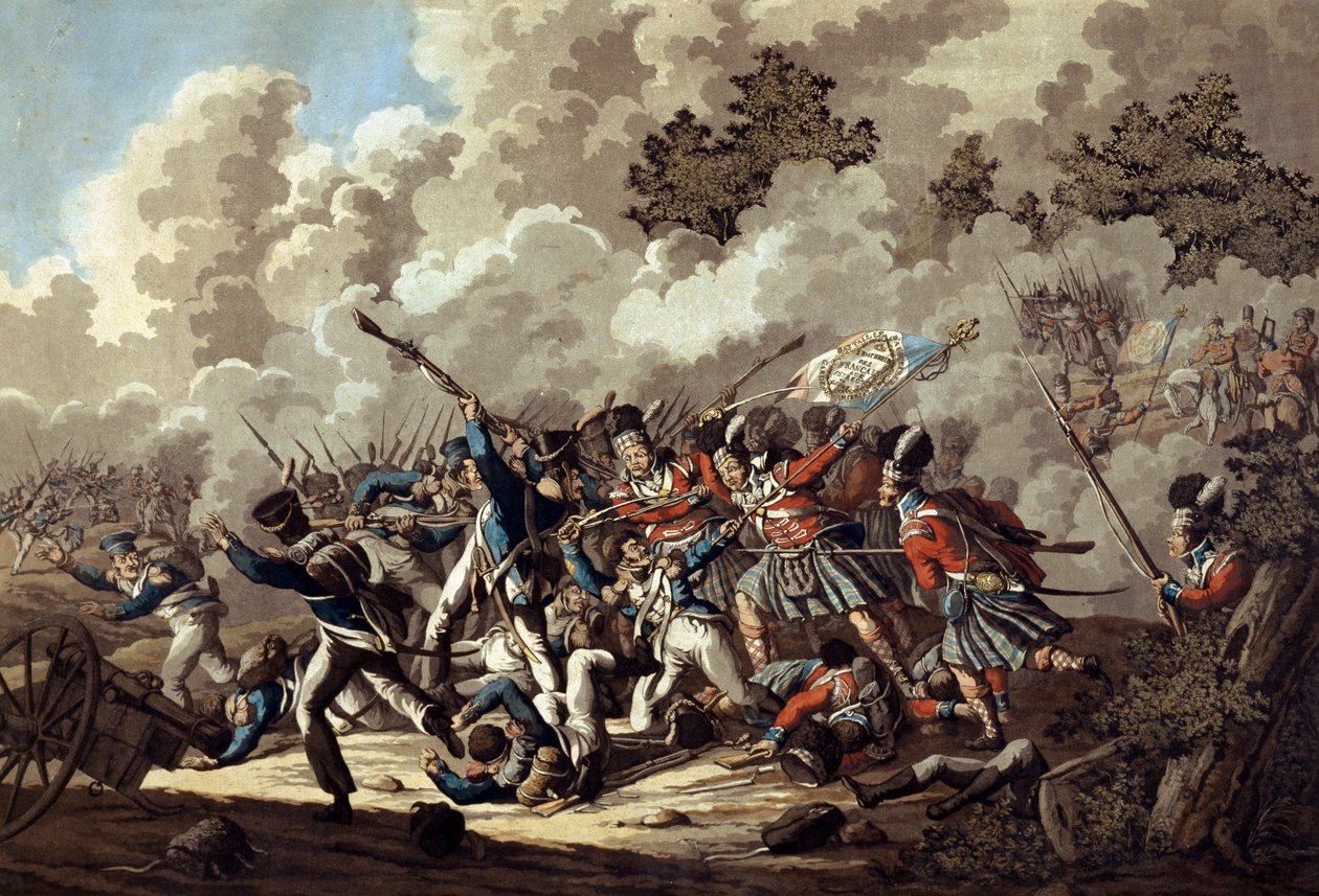 1815年在滑铁卢战役期间，高地人La Haye Sainte击败了法国卫队（彩色aquatint） 作者 扬·安西妮·兰根迪克（Jan Anthonie Langendyk）