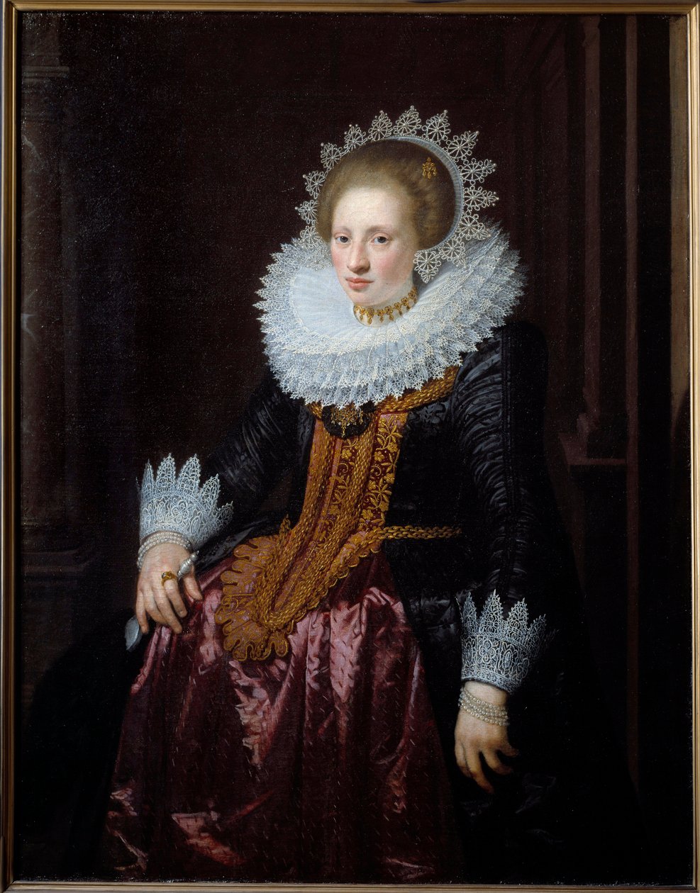 女人的肖像 以前被称为 Vrydags Van Vollenhoven 的儿子肖像画，作者是 Jan Van Ravesteyn (1570-1657) (ec.holl.) 1620 Sun。 1.34x1.04 米里尔，Musee des Beaux Arts 作者 扬·安托尼斯（Jan Anthonisz）。范拉维斯汀