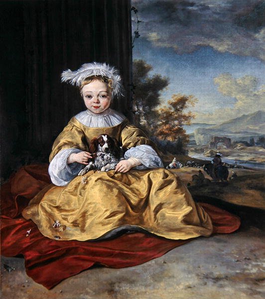 穿着黄色衣服的孩子抱着一只狗（布面油画） 作者 Jan Baptist Weenix