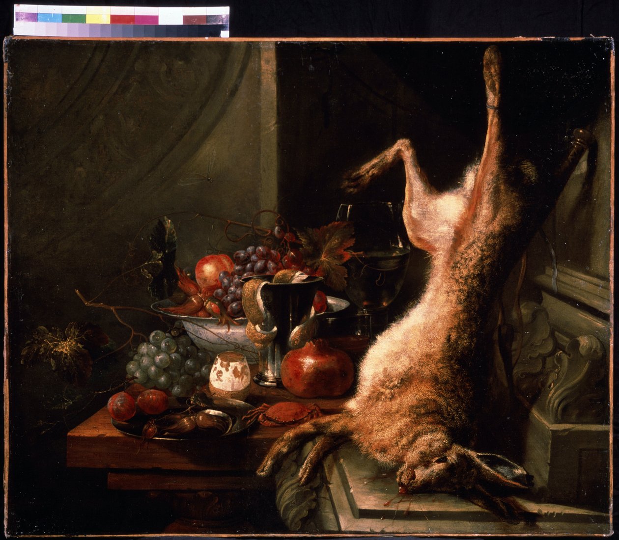 野兔静物画螃蟹、榛子和带皮柠檬（zeste）静物。画家 Jan Baptiste van Moerkerke（1660-1689 年）。布面油画，佛兰德艺术。莫斯科普希金美术博物馆 作者 扬·巴蒂斯特·范默克尔克
