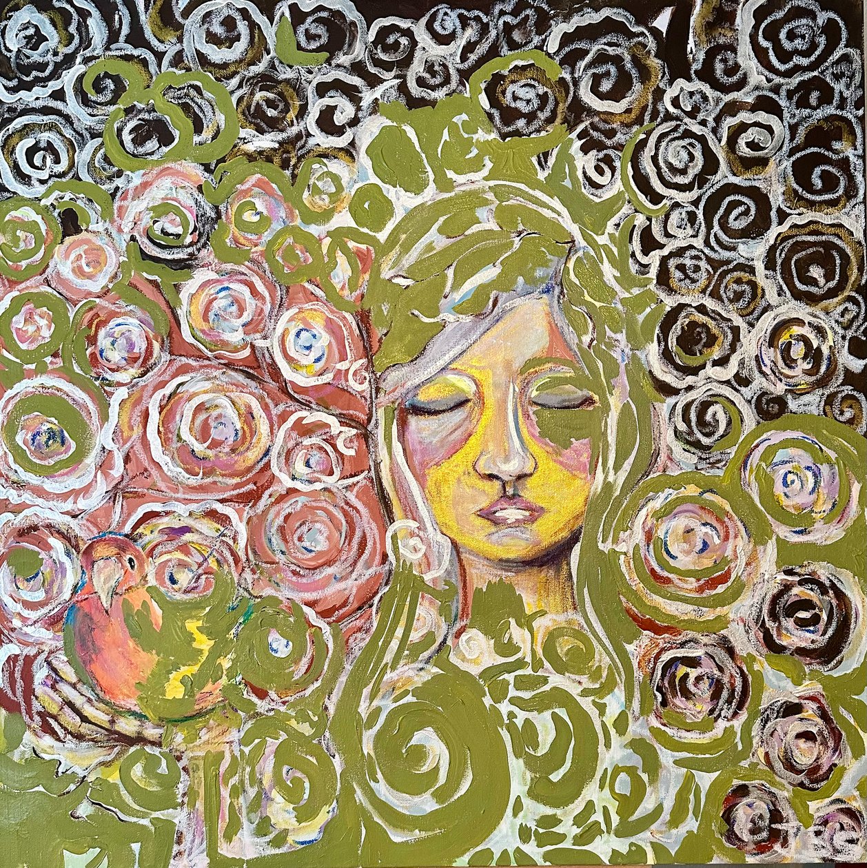 与鹦鹉在一起的女孩 , 2024 （丙烯酸画布） 作者 扬·巴尔佐蒂尼