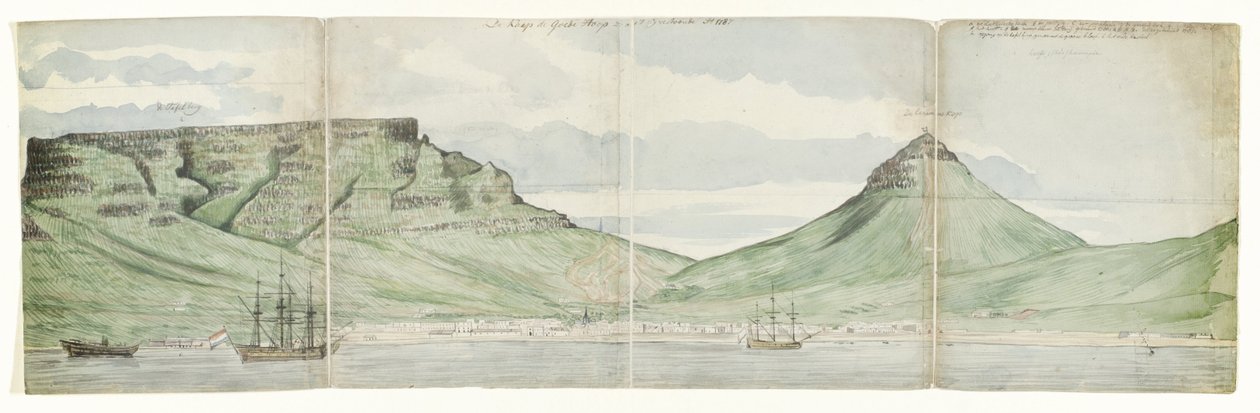 从海上俯瞰桌山和开普敦
好望角 1787 年的面貌（标题见实物） 作者 简·布兰德斯