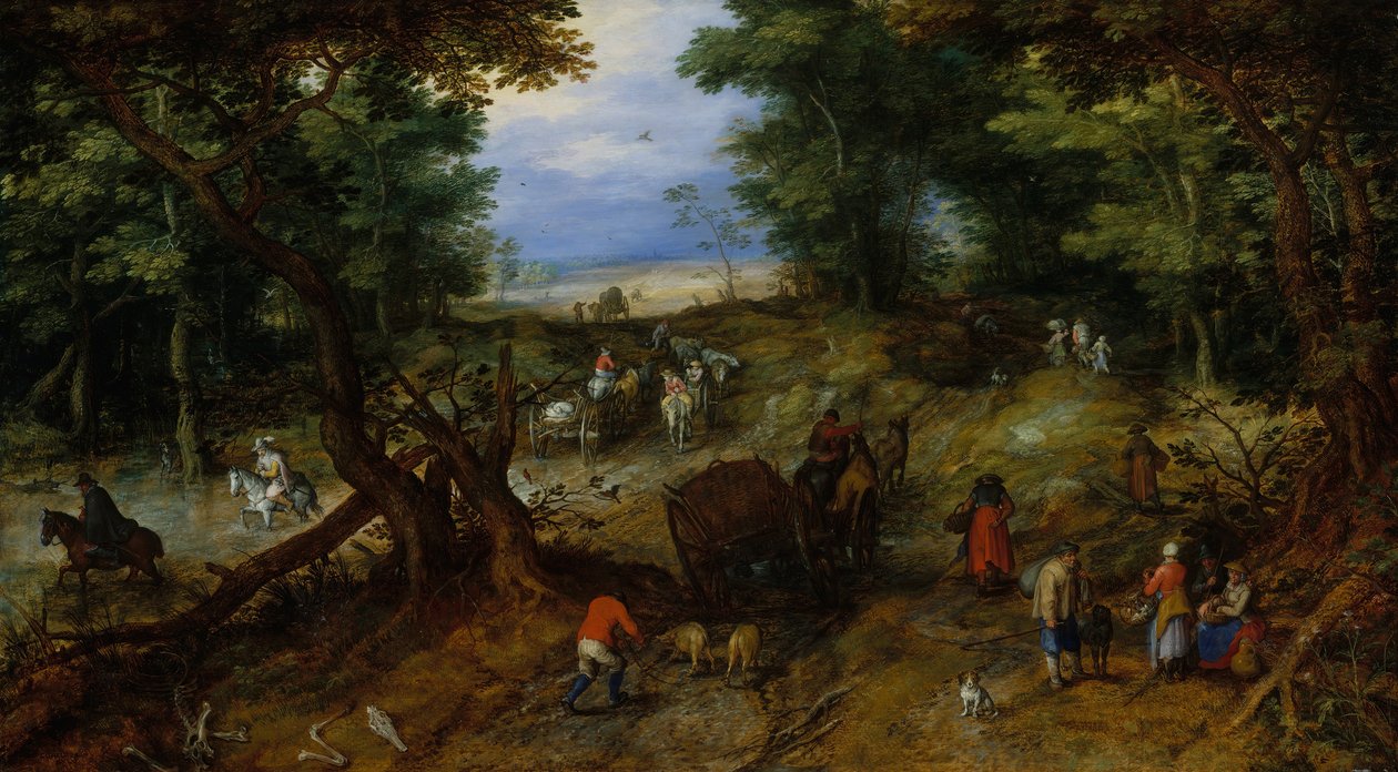 带旅客的林地路，1607年。 作者 简·布鲁格（Jan Brueghel）