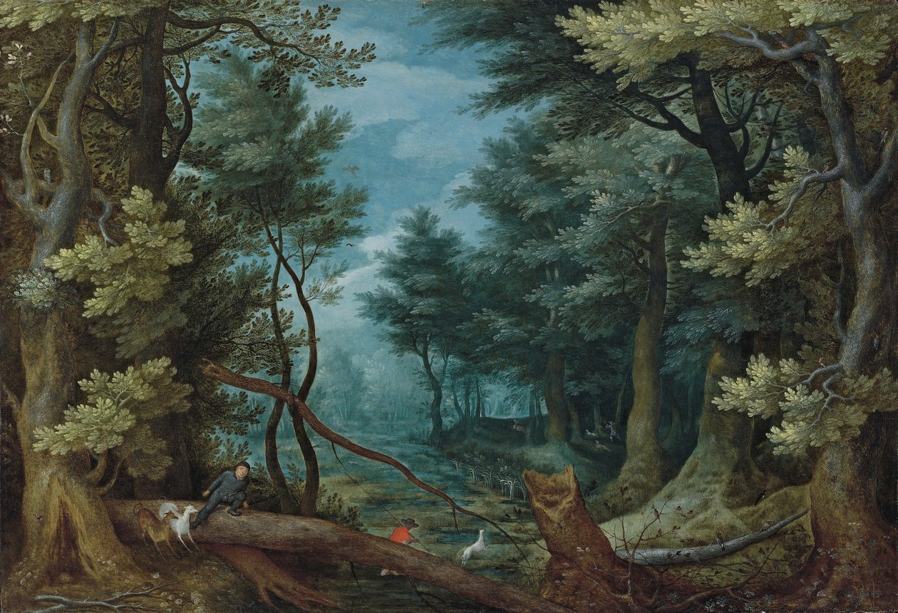 猎人追逐雄鹿的森林景观 作者 简·布鲁格（Jan Brueghel）