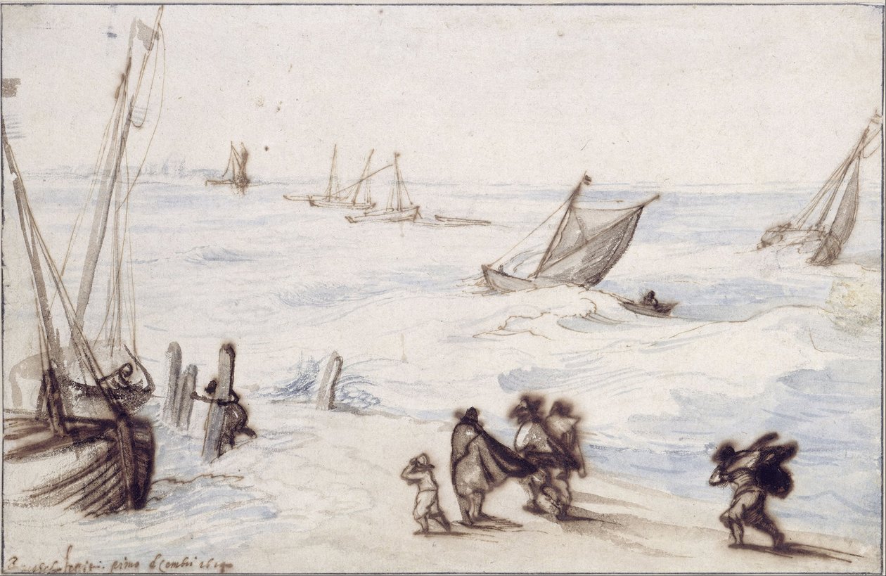 有帆船和惊涛骇浪的海滩 作者 简·布鲁格（Jan Brueghel）