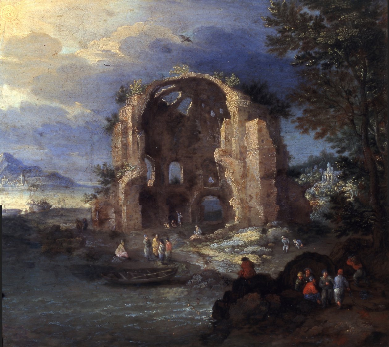 有渔民和密涅瓦神庙遗址的海岸景观 作者 简·布鲁格（Jan Brueghel）