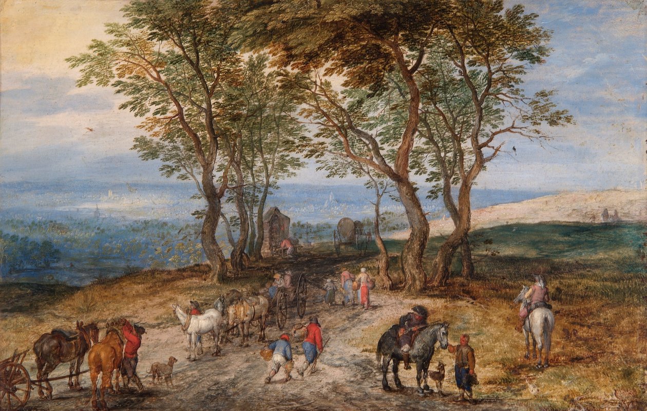 有人物的乡村路景：一个人在神龛前祈祷》，约1610年 作者 简·布鲁格（Jan Brueghel）