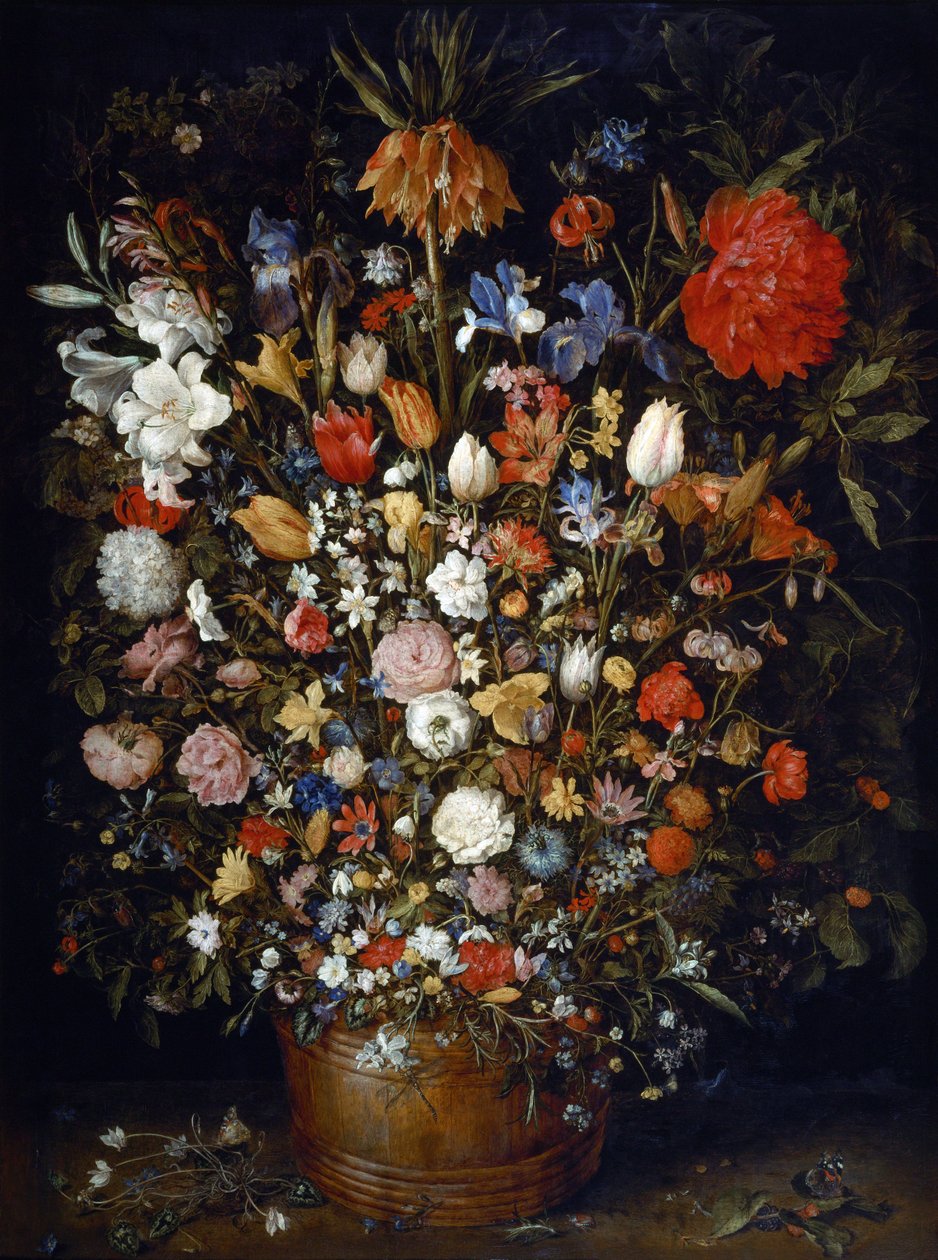 木制容器中的鲜花 作者 简·布鲁格（Jan Brueghel）