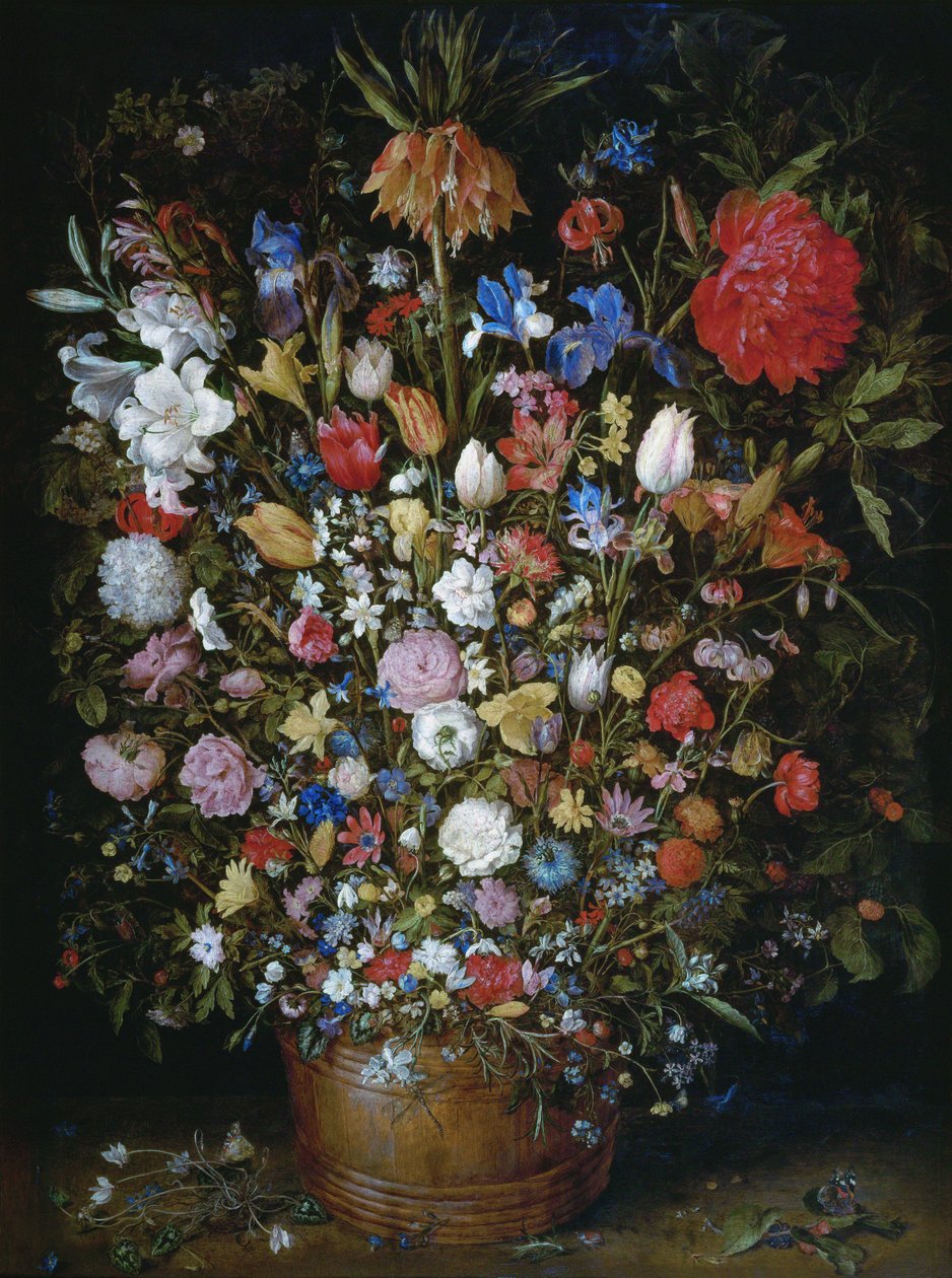 木制容器中的鲜花 作者 简·布鲁格（Jan Brueghel）