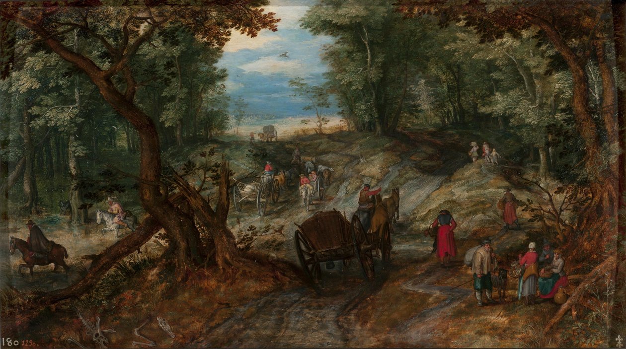 森林中的马车和骑手穿过溪流 作者 简·布鲁格（Jan Brueghel）