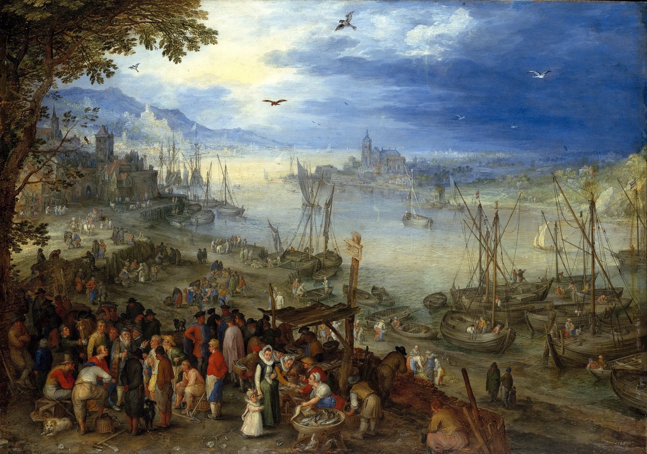 德语: Fischmarkt am Ufer eines Flusses 河畔的鱼市 作者 简·布鲁格（Jan Brueghel）