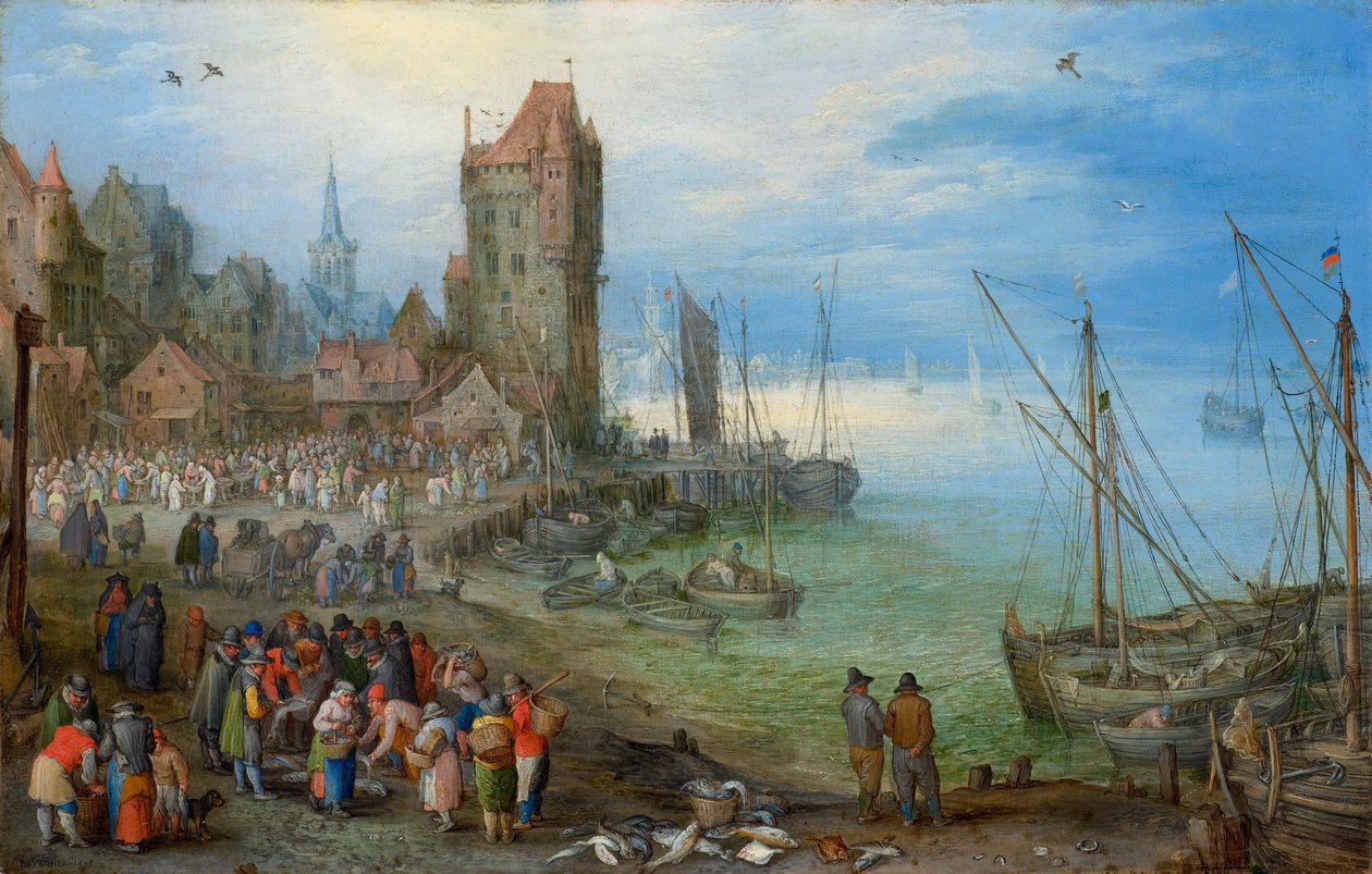 有鱼市的海港景色 作者 简·布鲁格（Jan Brueghel）