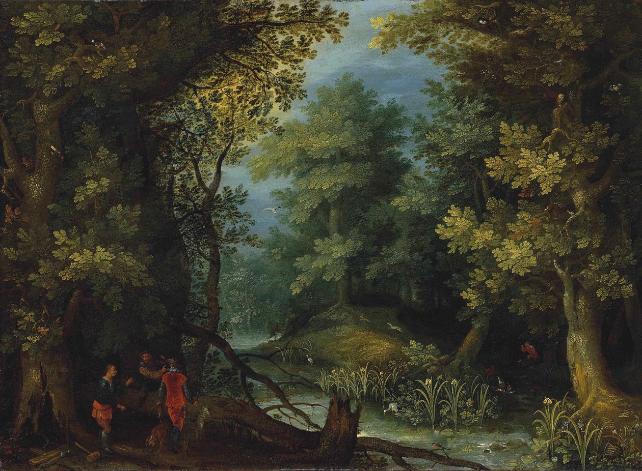 狩猎者与猎犬在林间小溪边嬉戏 作者 简·布鲁格（Jan Brueghel）
