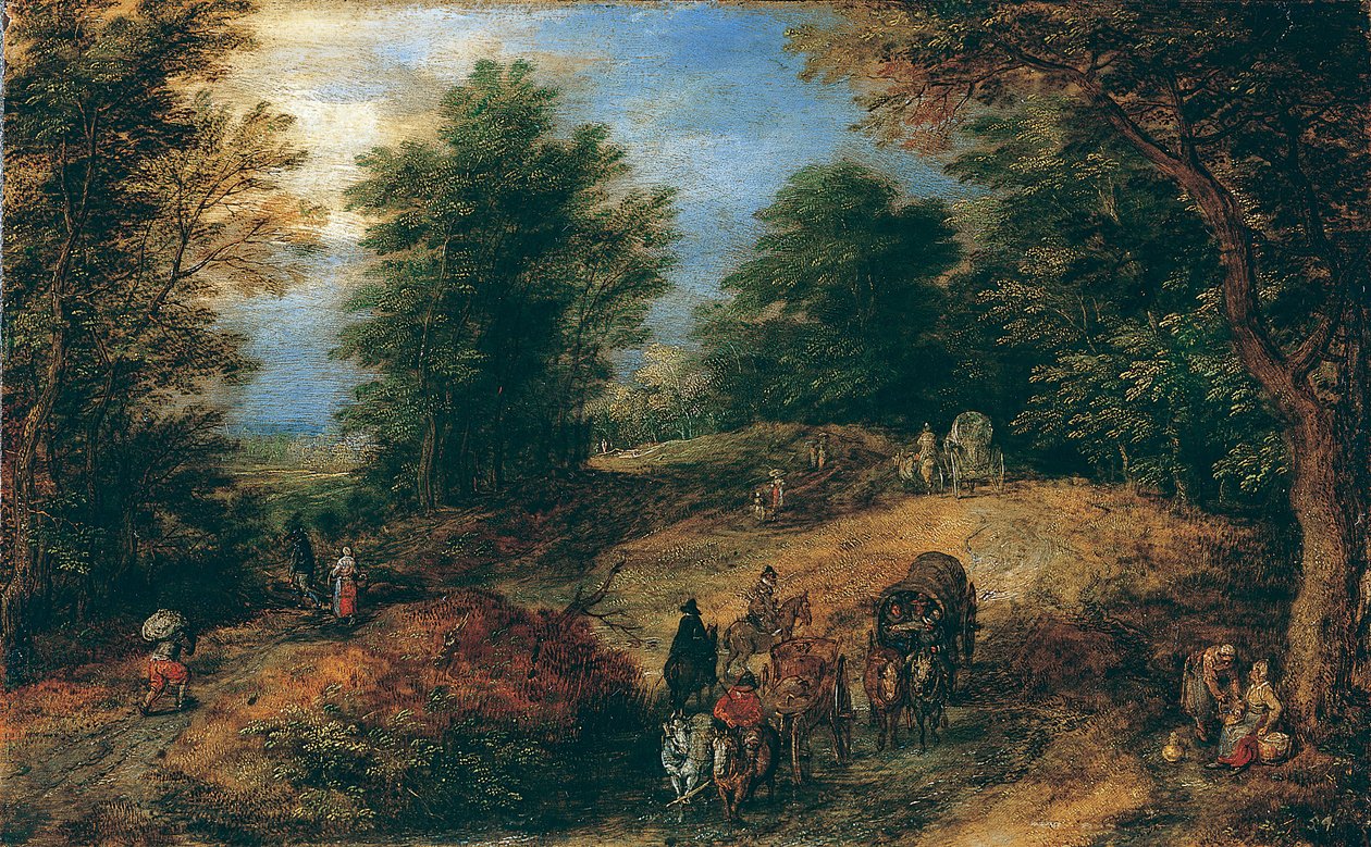 风景与林地路径上的旅行者，ca。 1607。 作者 简·布鲁格（Jan Brueghel）