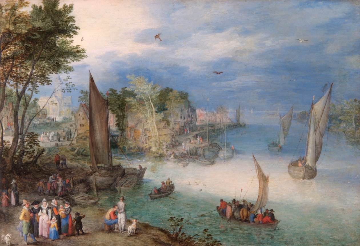 有船和人物的河景》，16世纪末或17世纪初 作者 简·布鲁格（Jan Brueghel）