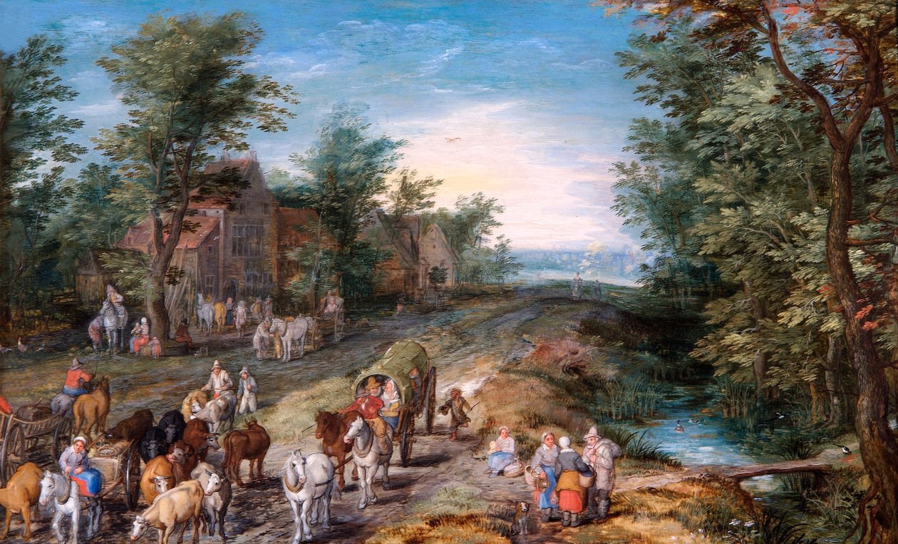 有旅行者和牛的路景》，17世纪初 作者 简·布鲁格（Jan Brueghel）