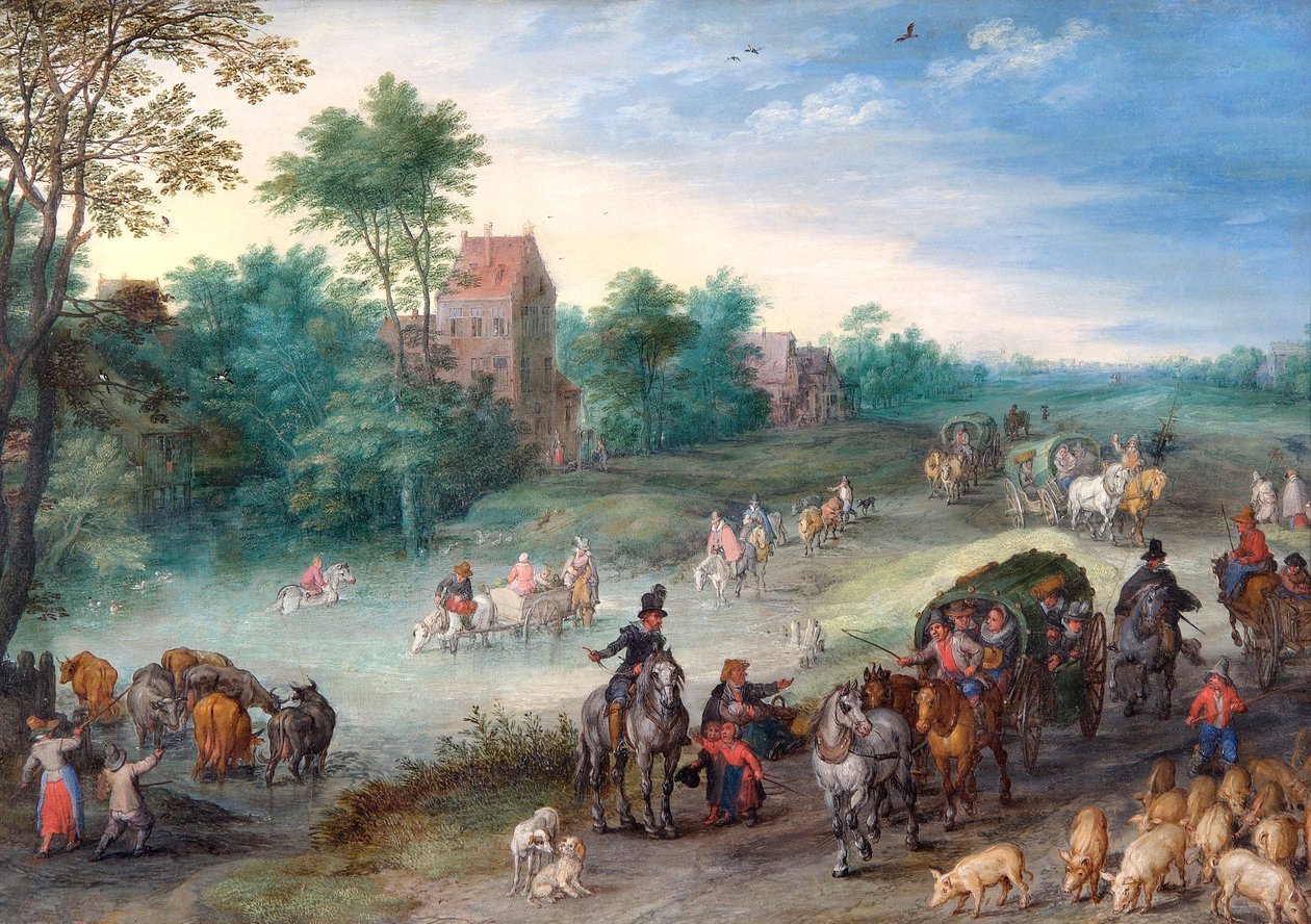 带着牛和猪在乡间小路上的旅行者》，1616年 作者 简·布鲁格（Jan Brueghel）