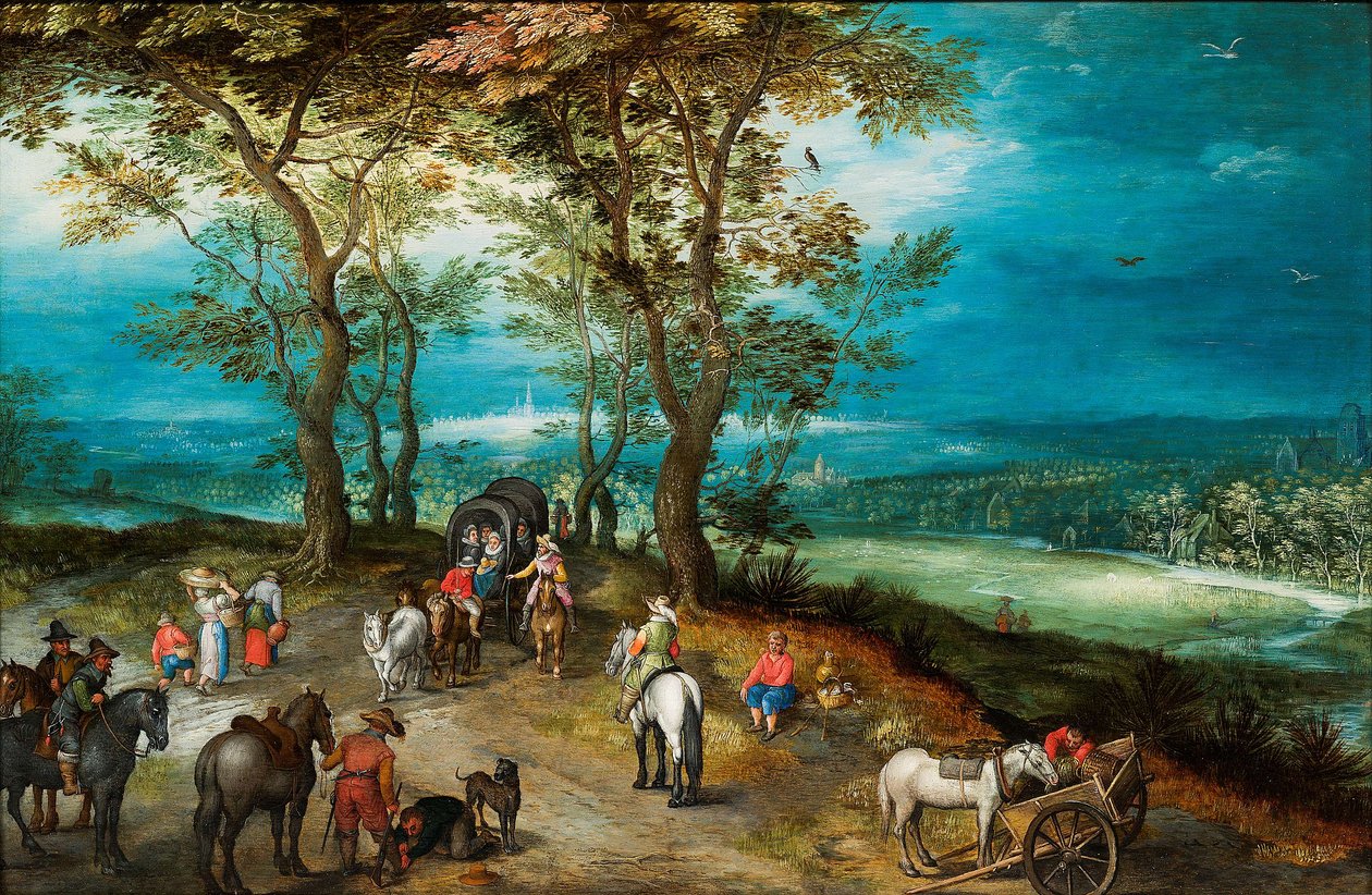 广阔的风景，路上有马车和旅行者 作者 扬·布鲁格（Jan Brueghel）