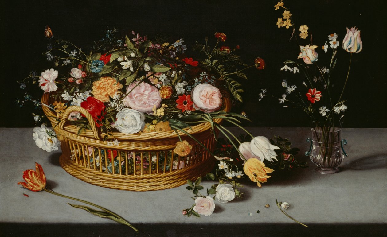 带篮子和花瓶的静物》，约1620年。 作者 扬·布鲁格（Jan Brueghel）