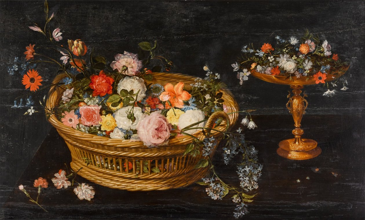 花篮和镀金塔扎中的鲜花静物 作者 扬·布鲁格（Jan Brueghel）