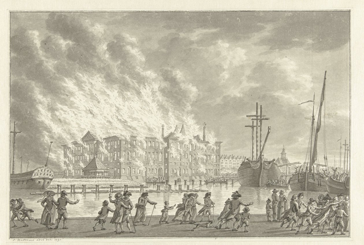 土地上的大火》Zeemagazijn，1791 年 作者 Jan Bulthuis（艺术家签名）