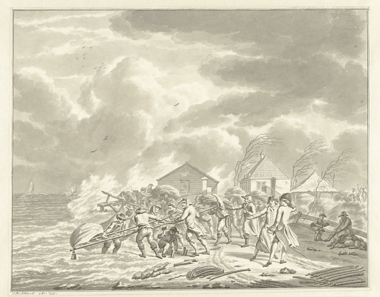 阿姆斯特丹附近的迪默泽代克（Diemerzeedijk）洪水，1776 年 作者 Jan Bulthuis（艺术家签名）