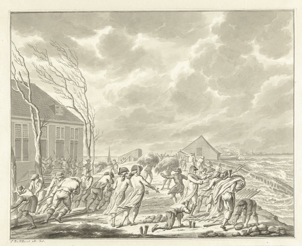 阿姆斯特丹附近的迪默泽代克（Diemerzeedijk）洪水，1776 年 作者 Jan Bulthuis（艺术家签名）