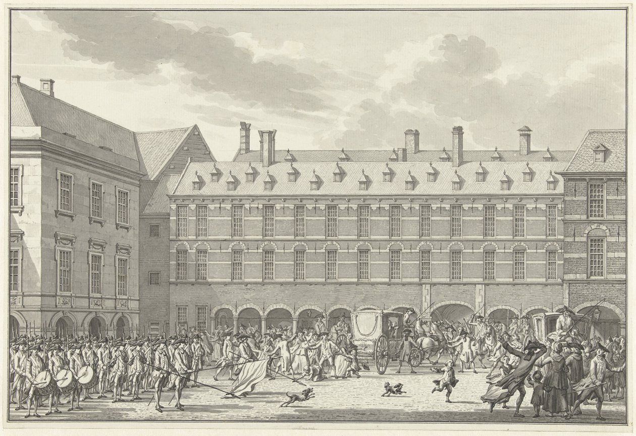 1786 年，多德雷赫特议员骑马通过宾嫩霍夫的 Stadholder Gate 时发生骚乱 作者 扬·布特胡斯（Jan Bulthuis）