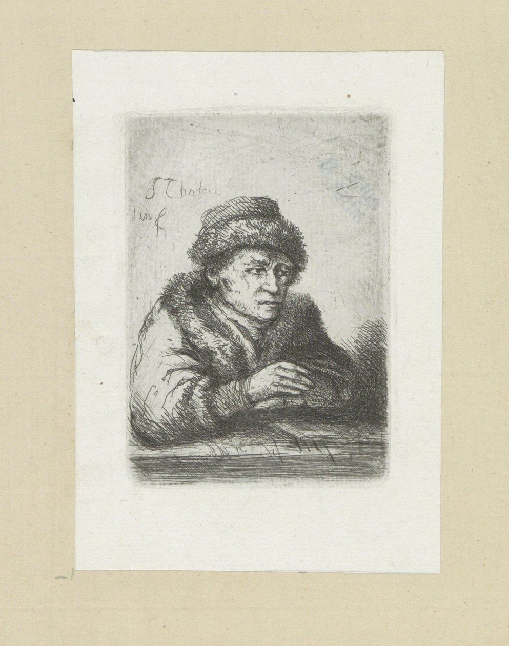 Volwassen man aan een tafel, in bontmantel
约翰-夏隆的蚀刻画全集 / Oeuvre Complette des Eaux Fortes par Jean Chalon（丛书名） 作者 扬·沙隆