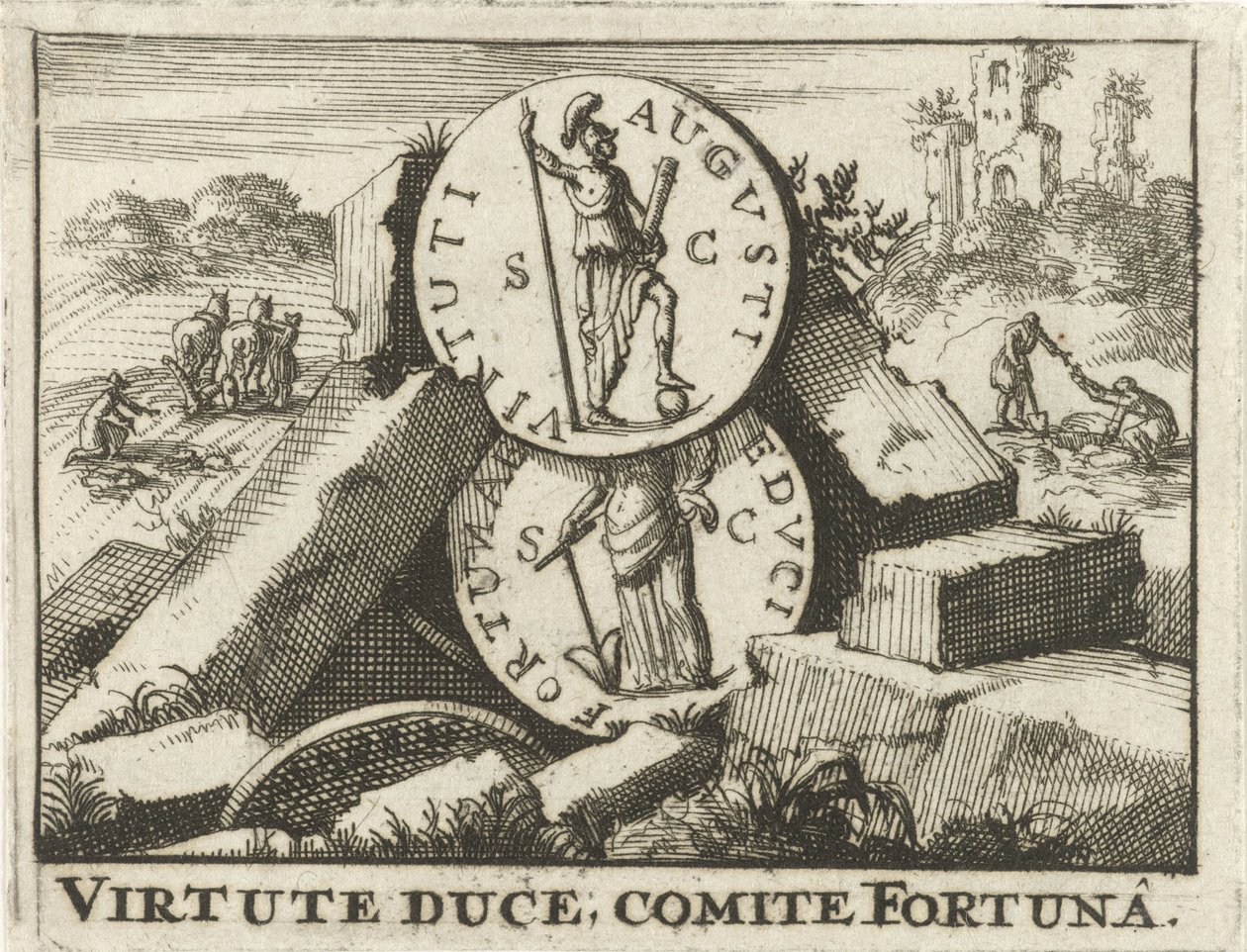 放置在石堆上的罗马钱币
Virtute Duce，Comite Fortuna（物品上的标题） 作者 Jan Claesz 十霍恩