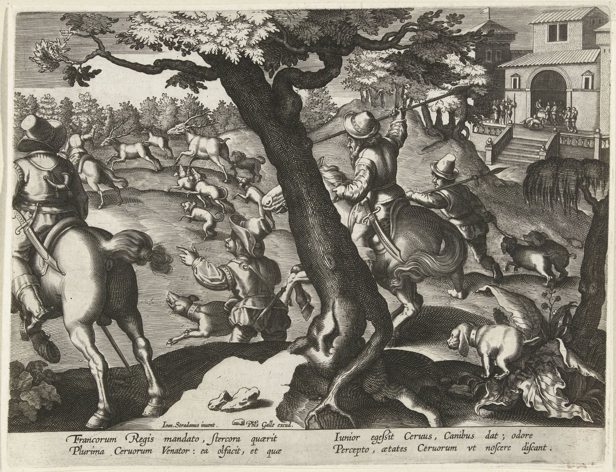 带狗猎鹿
狩猎场景（系列标题）
Venationes Ferarum, auium, piscium pvgnae Bestiariorum（系列标题） 作者 Jan Collaert (II)（归属于）