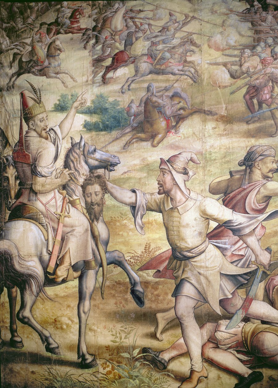 1535年皇帝查理五世1500-58对突尼斯土耳其人的竞选：Goletta的捕获，一名拿着一个无形头的步兵的细节，用于挂毯木炭的卡通和纸上的wc 作者 扬·科尼利斯·维梅恩