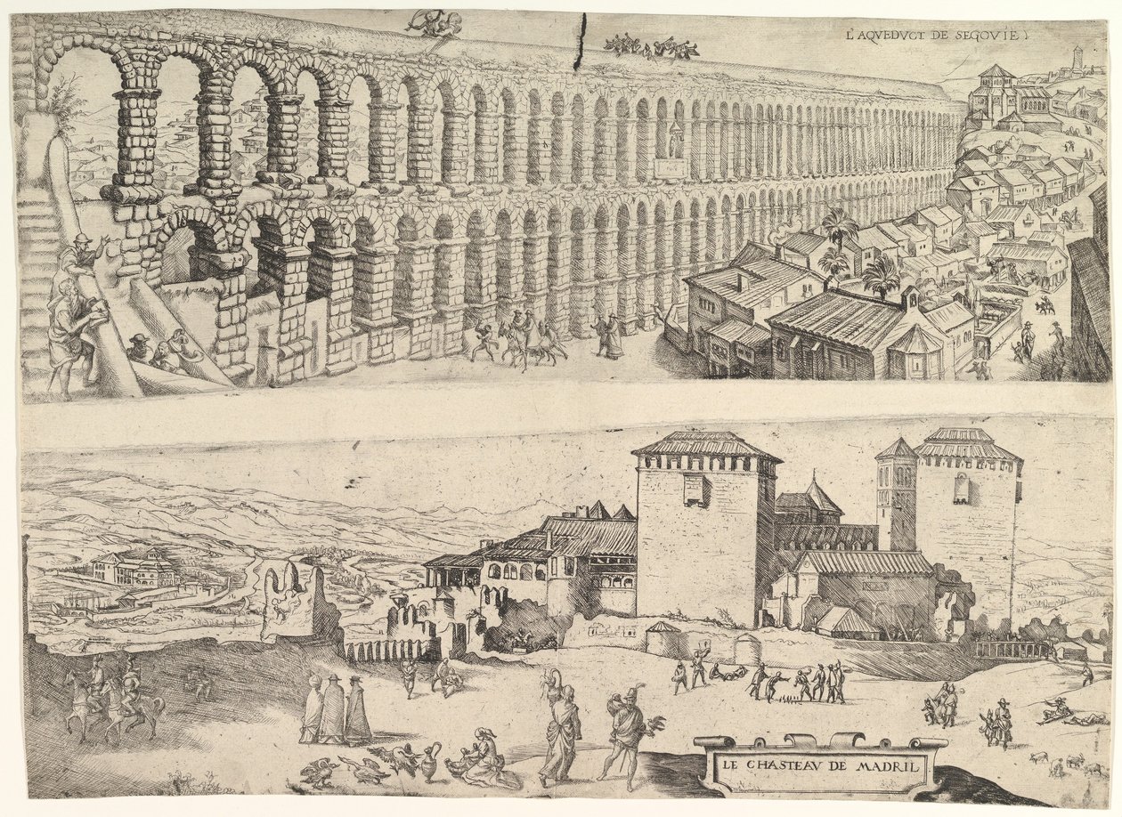 塞戈维亚的渡槽和马德里城堡，1500年至1599年。 作者 扬·科尼利斯·维梅恩