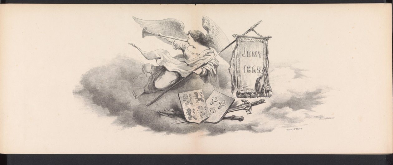 莱顿学生化妆舞会，1865 年（标题）
1865 年 6 月 6 日，莱顿学生团成员为庆祝莱顿大学建校 290 周年而举行的化装舞会，描绘了：荷兰人进入莱顿大学的情景。 作者 扬·丹尼尔·科内利斯·卡雷尔·威廉·康斯坦·雷贝克男爵
