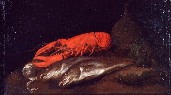 桌上的龙虾和鱼的静物画 作者 扬·戴维兹·德·海姆（Jan Davidsz de Heem）