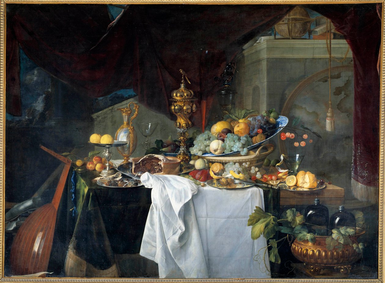 一种静物餐桌甜点，上面覆盖着乐器的菜肴。 Jan David Heem (1606-1684) 1640 年作画。 1,49x2,03 米 作者 扬·戴维兹·德·海姆（Jan Davidsz de Heem）