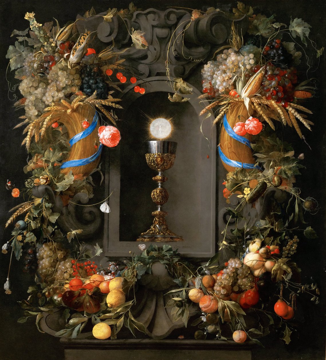 水果花环中的圣体圣事 - Jan Davidsz。 德海姆 (1606-1684)。 布面油画 作者 扬·戴维兹·德·海姆（Jan Davidsz de Heem）