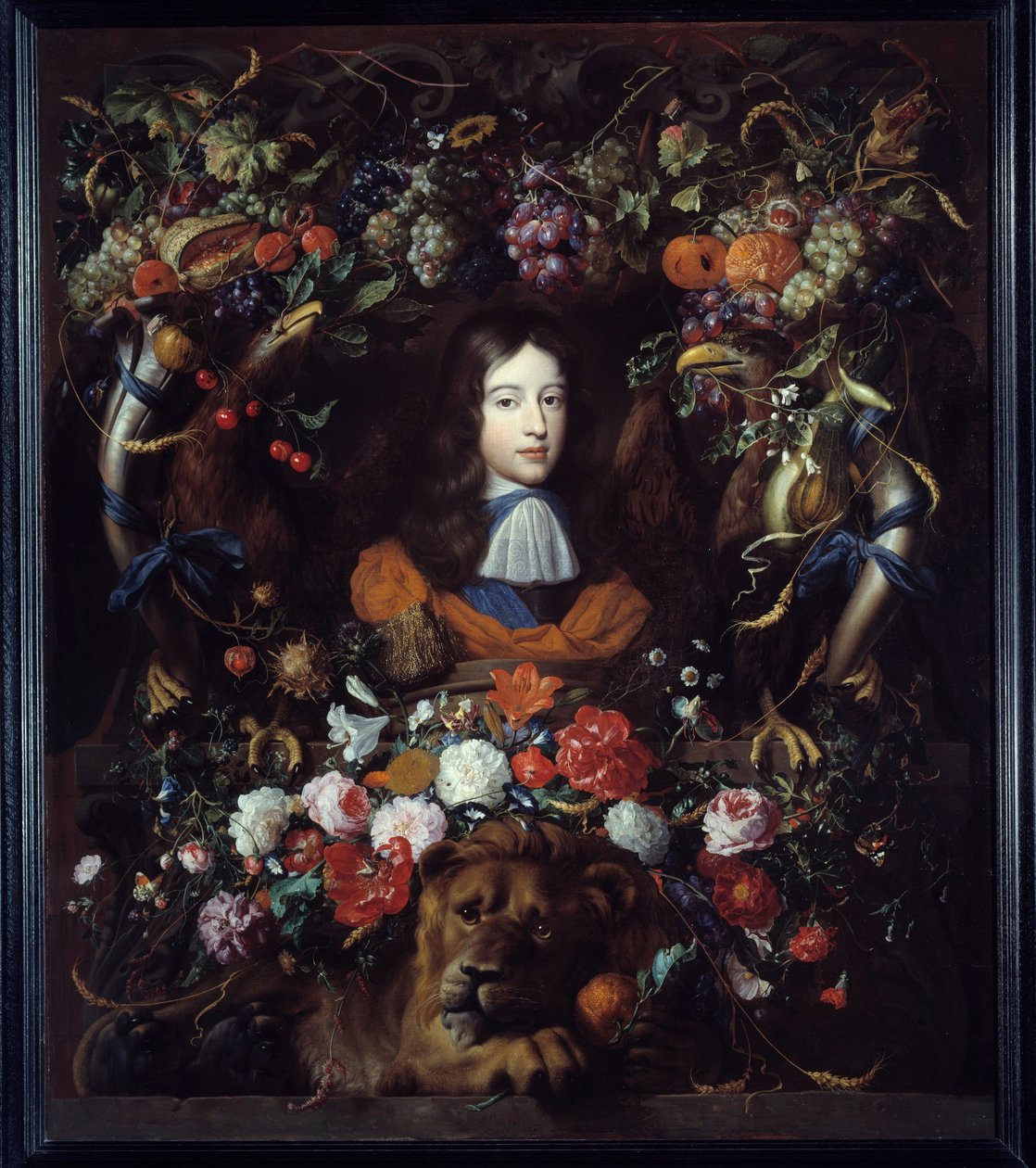 奥兰治威廉三世 (1650-1702) 的花卉奖章肖像画 扬·大卫·希姆 (1606-1684) 1665 年 1,34x1,14 m 里昂，Musee des Beaux Arts 作者 扬·戴维兹·德·海姆（Jan Davidsz de Heem）