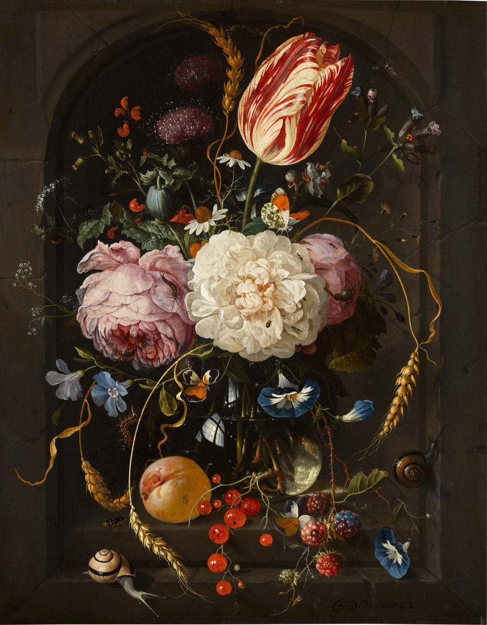 玻璃花瓶中的鲜花与石龛中的昆虫和水果的静物画 作者 简·戴维兹.德海姆