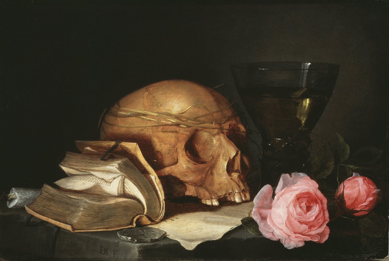 Vanitas，带有头骨，一本书和玫瑰的静物画-Vanitas带有头骨，一本书和玫瑰的静物画，作者：Heem，Jan Davidsz。的 作者 扬·戴维兹·德·海姆（Jan Davidsz de Heem）