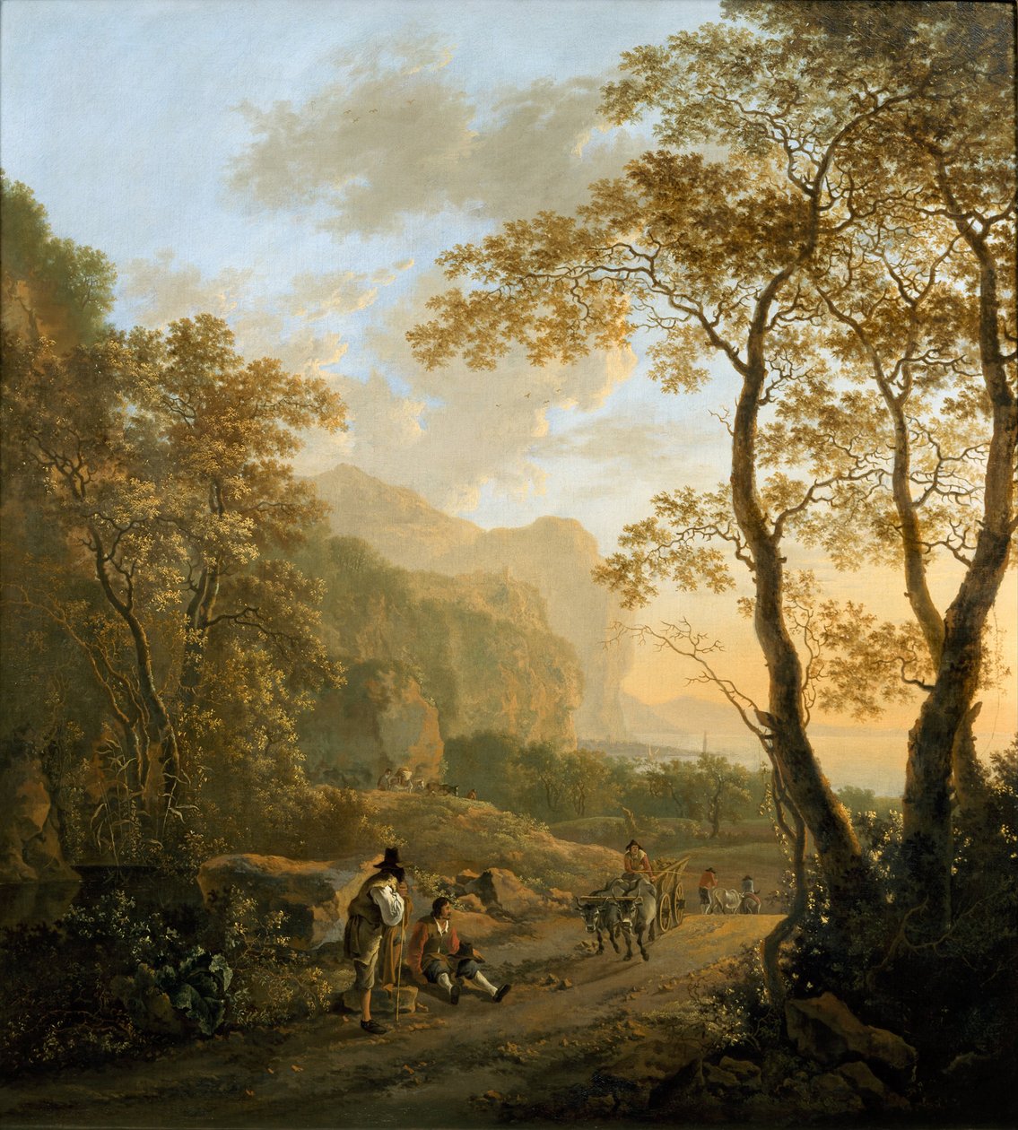 景观与休息的旅行者和牛车，c。 1645 作者 Jan Dirksz两者