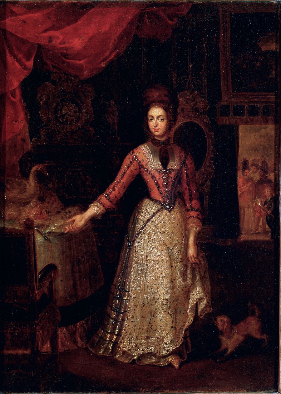 安娜·玛丽亚·路易莎·德·美第奇 (1667-1743) 的肖像 扬·弗兰斯·范·杜文 (1656-1727) 的绘画大约 1700 年帕拉蒂尼画廊，佛罗伦萨乌菲兹美术馆 -安娜·玛丽亚·路易莎·德·美第奇的肖像（1667-1743），作者：扬·弗兰斯范杜文 (1656-1727)。 味觉 作者 扬·弗朗斯·杜文