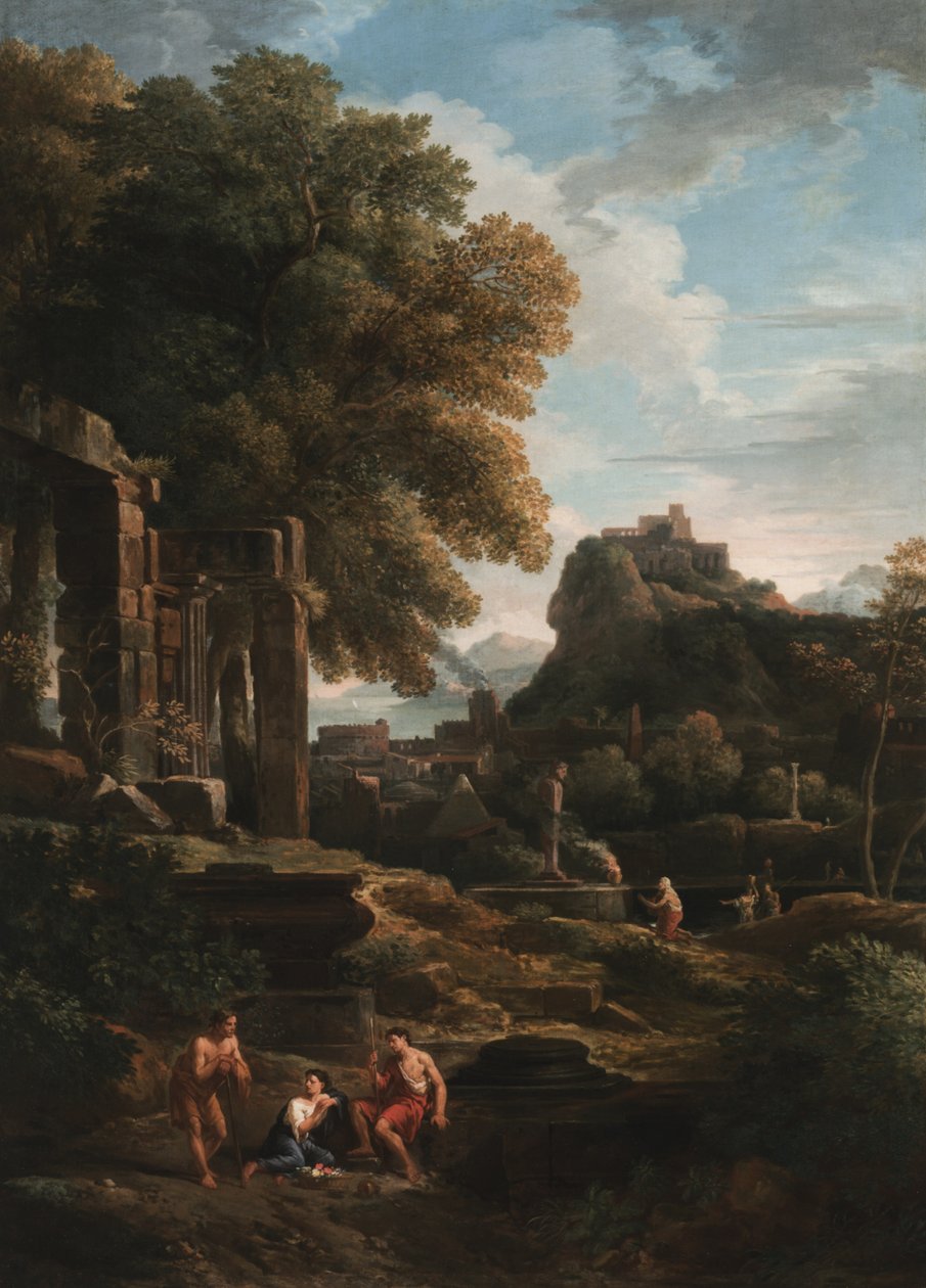 前景为人物的古典风景，左侧为废墟，中央为人物，做出了牺牲（布面油画） 作者 扬·弗兰斯·范·布洛门