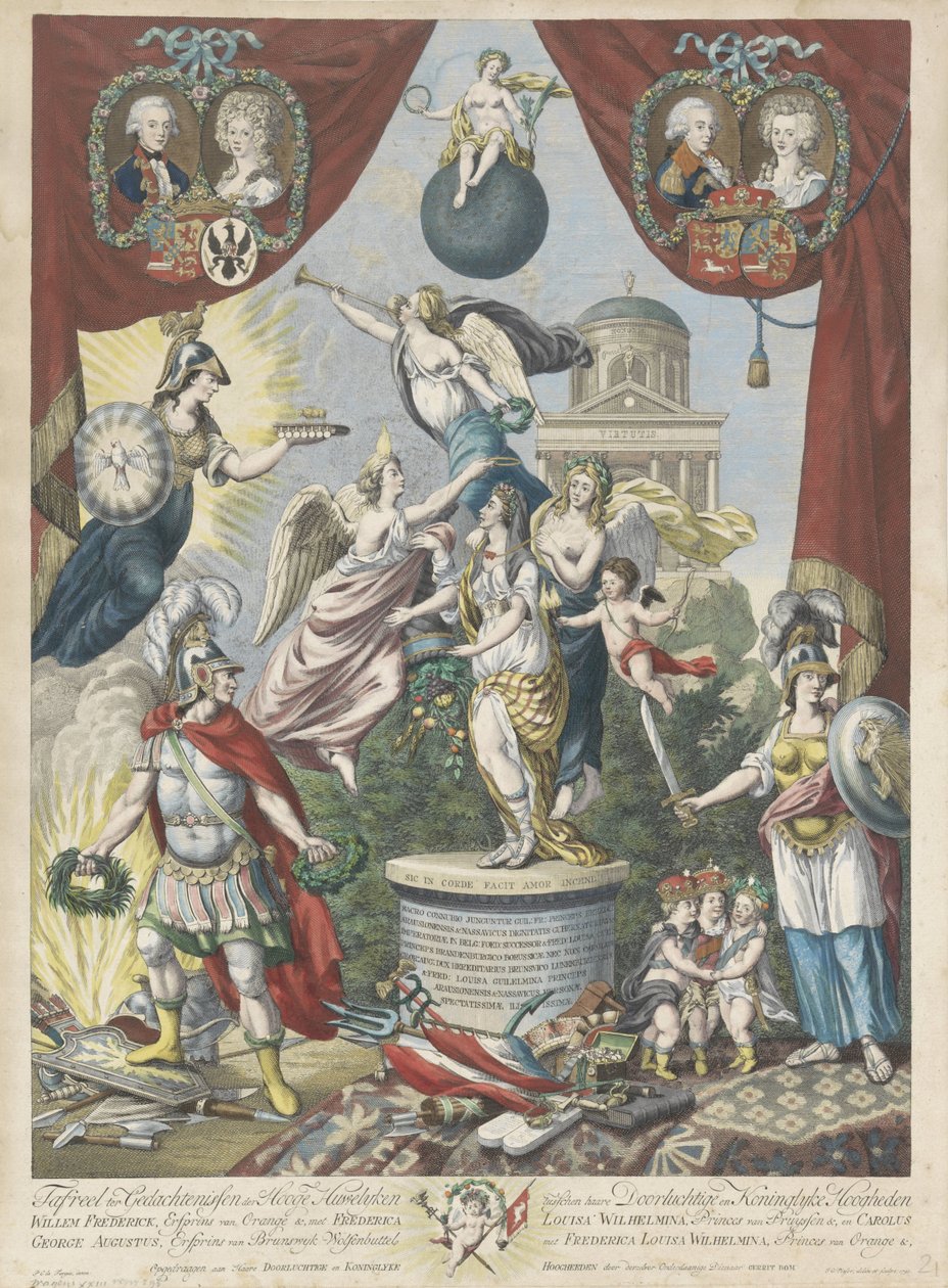 威廉五世的儿子和女儿结婚前后的 Zinneprent，1790-1791 年
纪念（......）奥兰治亲王继承人威廉-弗雷德里克与普鲁士公主弗雷德里克-路易莎-威廉明娜和卡罗勒斯-乔治-奥格之间的高等婚姻的塔夫勒尔 作者 扬·格里茨。维瑟