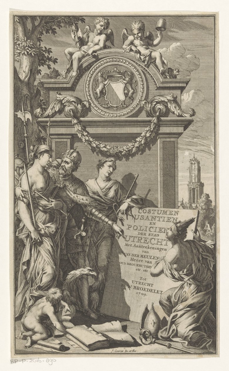 乌特勒支法律的正义传授
Costumen Usantien en Policien der stad Utrecht（物品上的标题）
Willem Van der Meulen 的扉页，Costumen, usantien, policien ende styl van procederen, der stadt Utrecht, 1709 年 作者 扬·戈雷