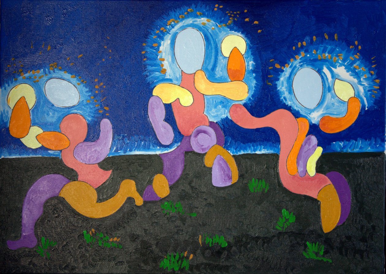 在六月的温暖夜晚，Troglodytes庆祝火灾，2009年（布面油画）。 作者 扬·格罗内伯格