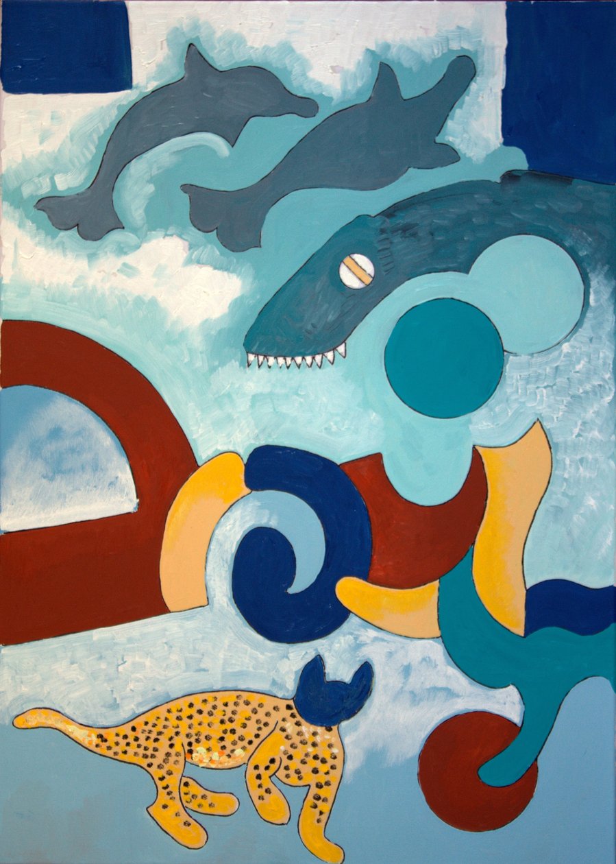 豹子有一个蓝色的头，2009年（布面油画）。 作者 扬·格罗内伯格